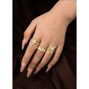 New‎ Seashell Starfish Rings Set Gold Tone Beachy Adjustable Summer Jewelry
